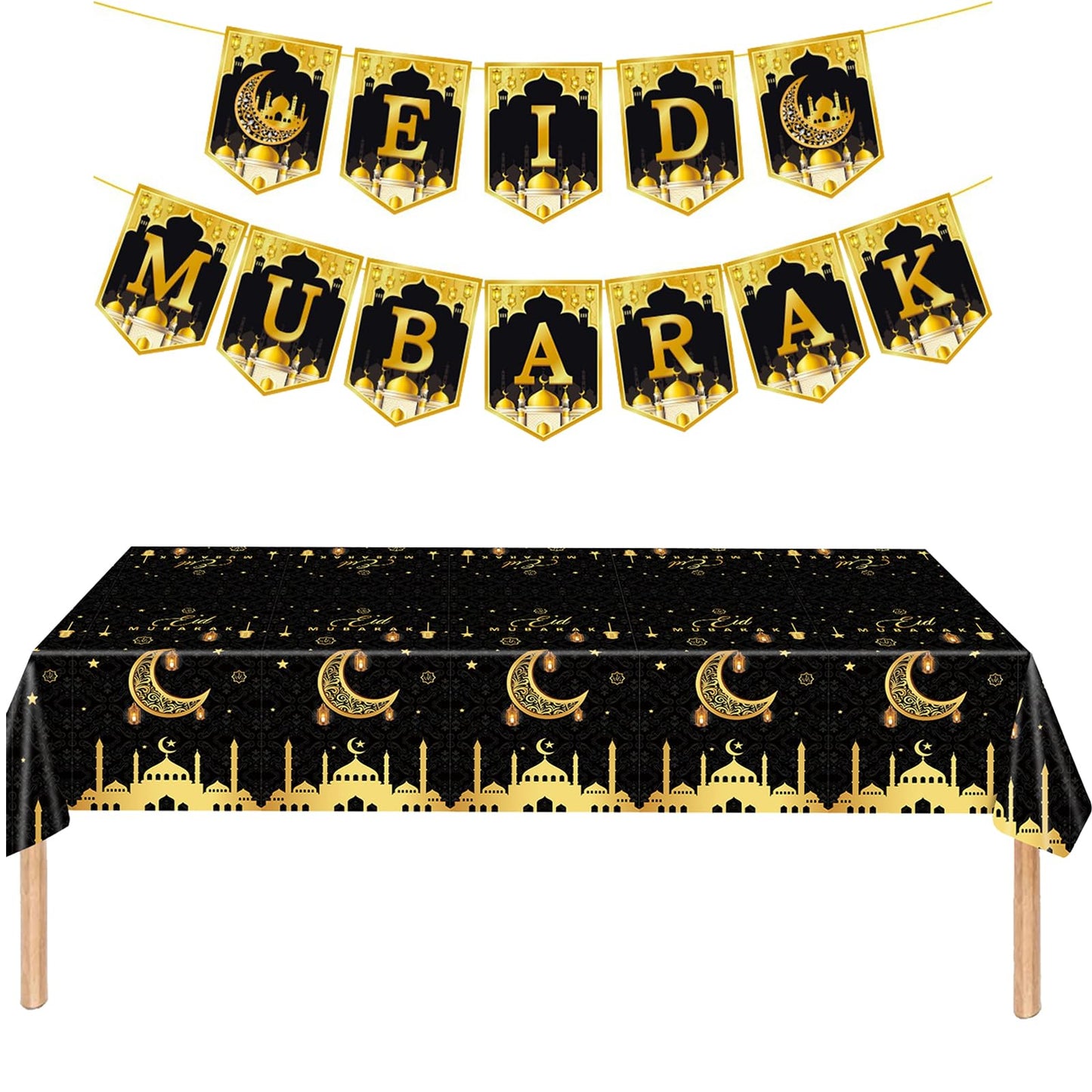 3 Pack Ramadan Decorations Ramadan Table Cloth, Black and Gold Eid Mubarak Tablecloth, 108x54 inch Ramadan Mubarak Table Cover, Ramadan Eid Decorations for Home, PE Plastic Disposable Tablecloth