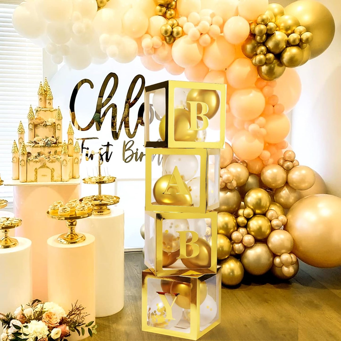 Voircoloria Baby Boxes - 4 Transparent Balloon Boxes with Letters for Baby Shower & Gender Reveal (Gold)