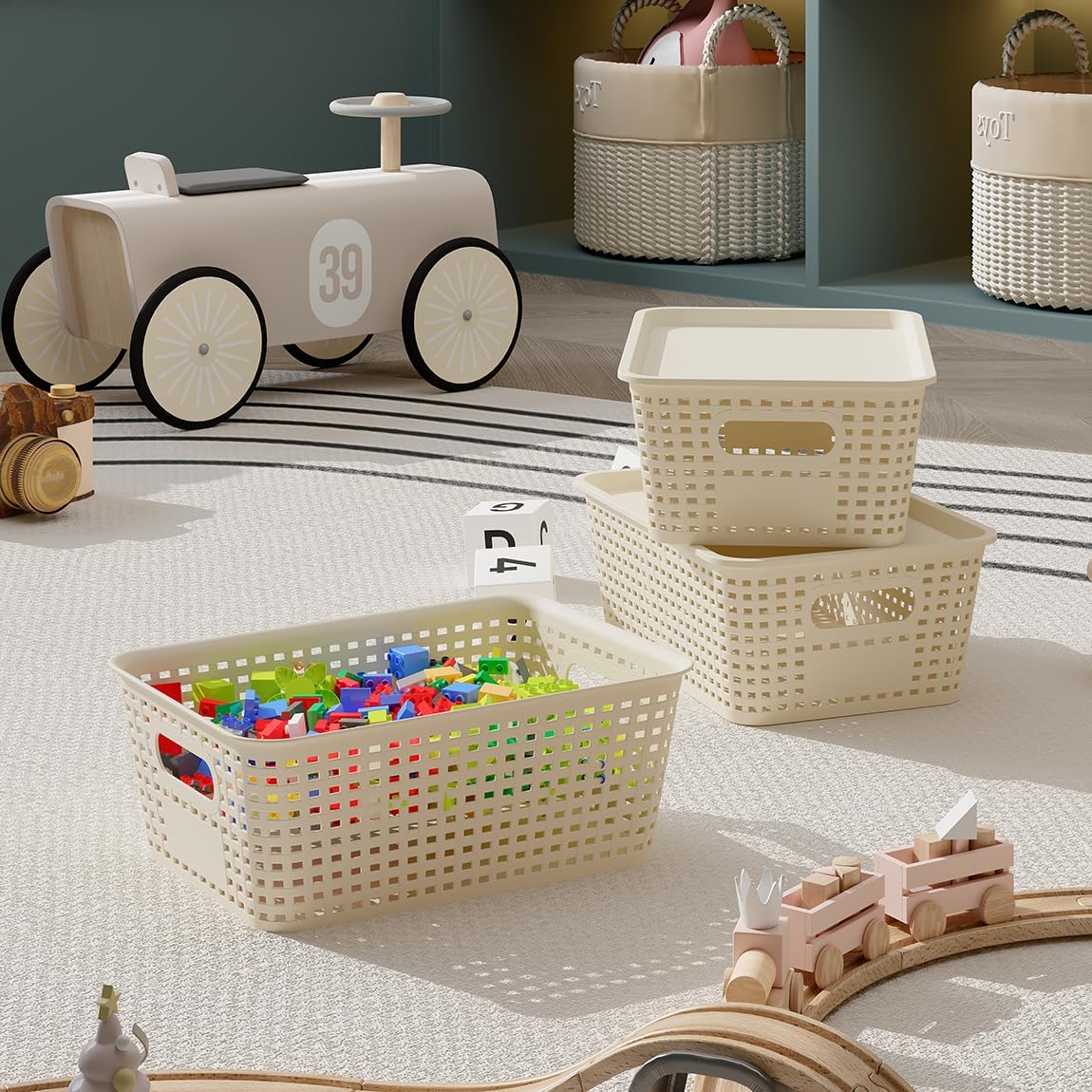 Resze Plastic Storage Baskets - 6 Pack with Lids | Breathable, Stackable Organizer Bins for Home & Office, White