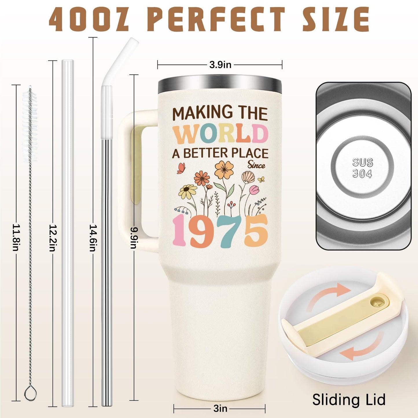 Gtmileo 50th Birthday Gifts for Her Women, 1975 Birthday Gift For Women 40oz Tumbler with Handle, 50 Year Old Birthday Gifts for Women, Cool Gifts for 50th Birthday Woman for Friends Family, Beige