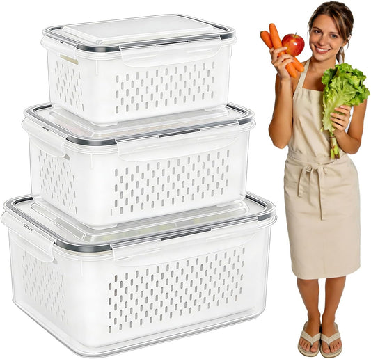 Skiennix 4-in-1 Food Storage Containers - Transparent Plastic with Lids & Drain Basket | Gray (S, M, L)