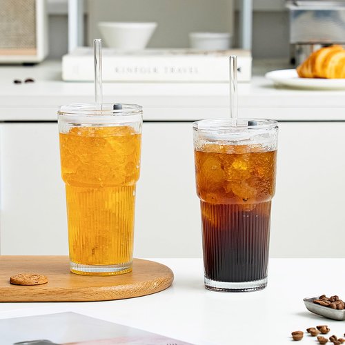 20oz Glass Tumblers with Lids and Straws, Set of 4 - Stylish Ribbed Design Drinking Glasses for Iced Coffee Cups, Juice, Smoothies, Cold Beverages, Includes Cleaning Brush, Durable Glassware