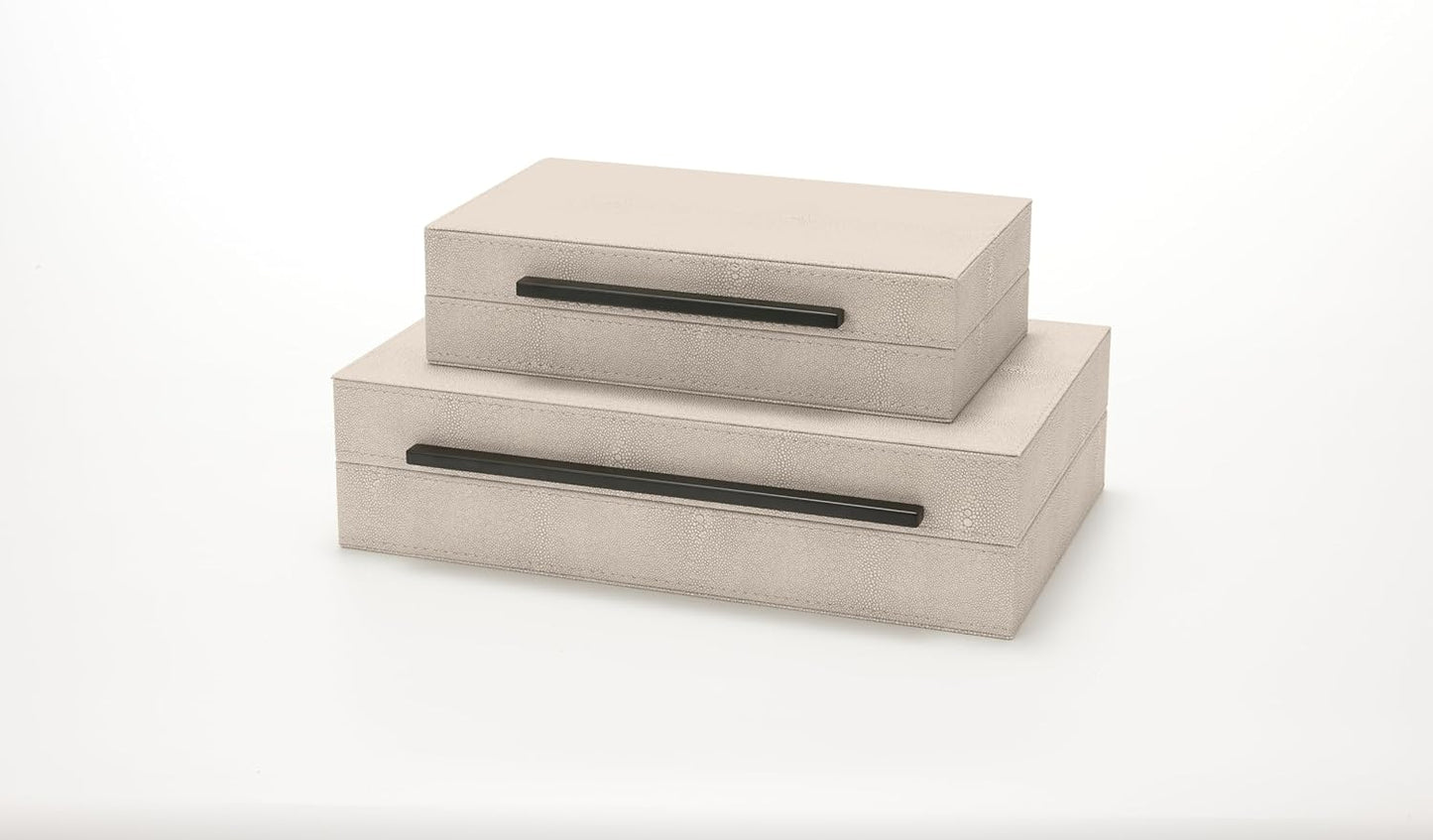 Sagala Ivory Shagreen Decorative Boxes - Set of 2 Modern Jewelry Storage with Black Metal Handles