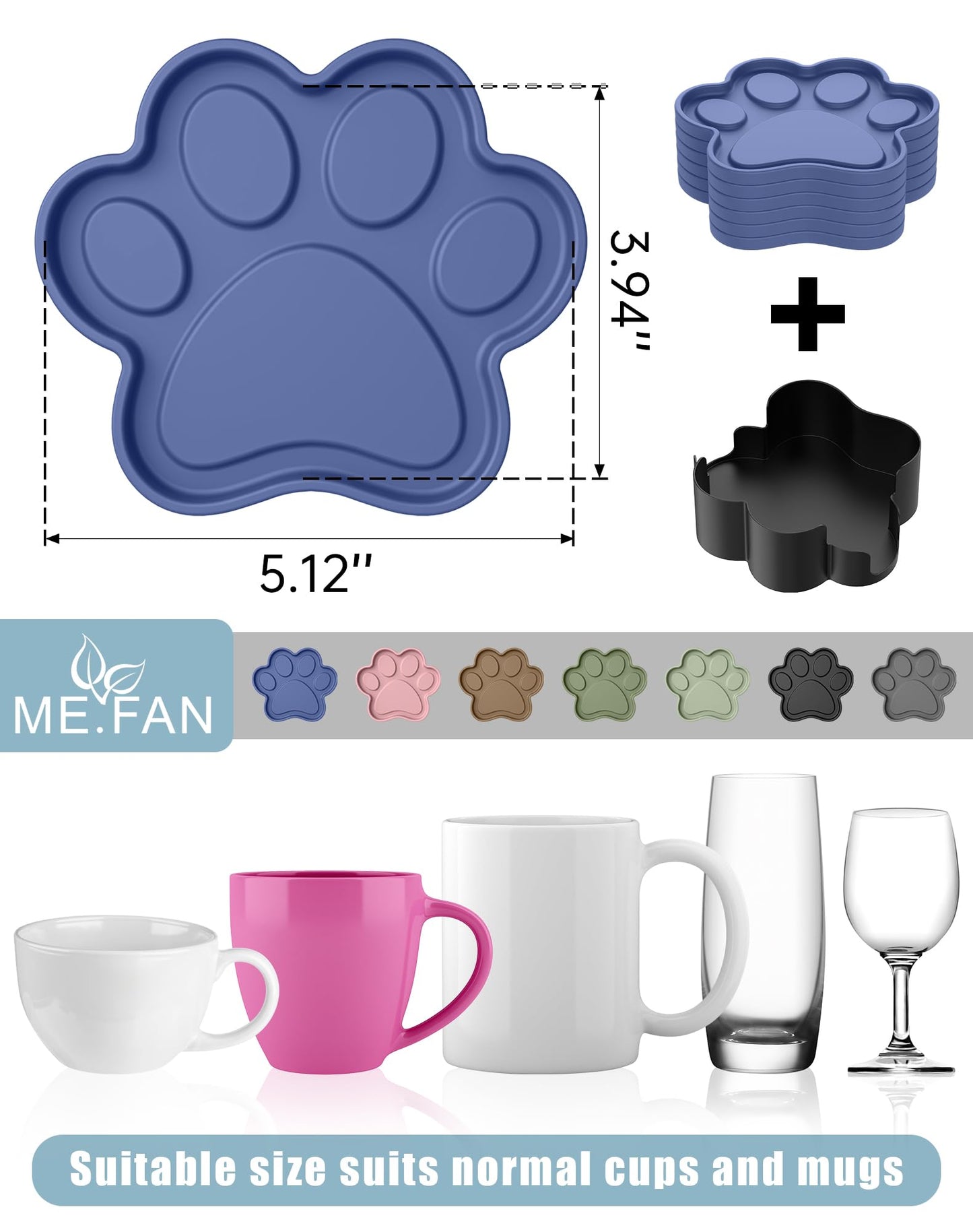 ME.FAN Silicone Coasters 6 Pack Paw Cup Mat with Holder, Dog Cat Paw Shape, for Hot or Cold Drink, Non-Slip, Non-Stick, Room Decor, Housewarming Black