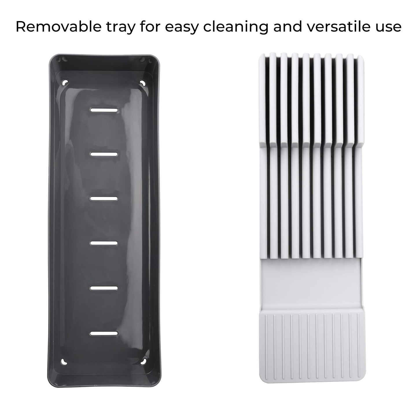 Linoroso Knife Drawer Organizer With In-Drawer Knife Block for 9 Knives, Kitchen Utensil Organizer, BPA Free Secure Storage Tray for Countertop Organization