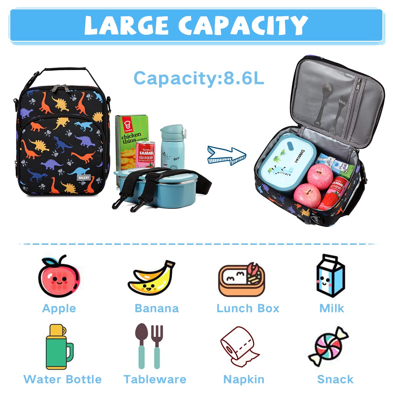 VASCHY Kids School Backpack Lunch Box Bag Pencil Case Combo, Children BookBag Schoolbag Set for Preschool/Kindergarten/Elementry School Supplies Boys Girls Black Dinosaurs