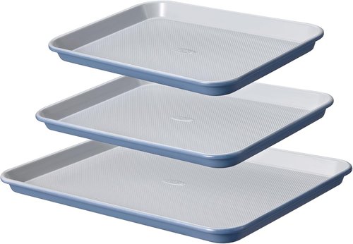 CAROTE 3-Piece Baking Pan Set | Versatile Bakeware Set with 13", 15", & 17" Cookie Sheets in Royal Violet, Blue & Grey