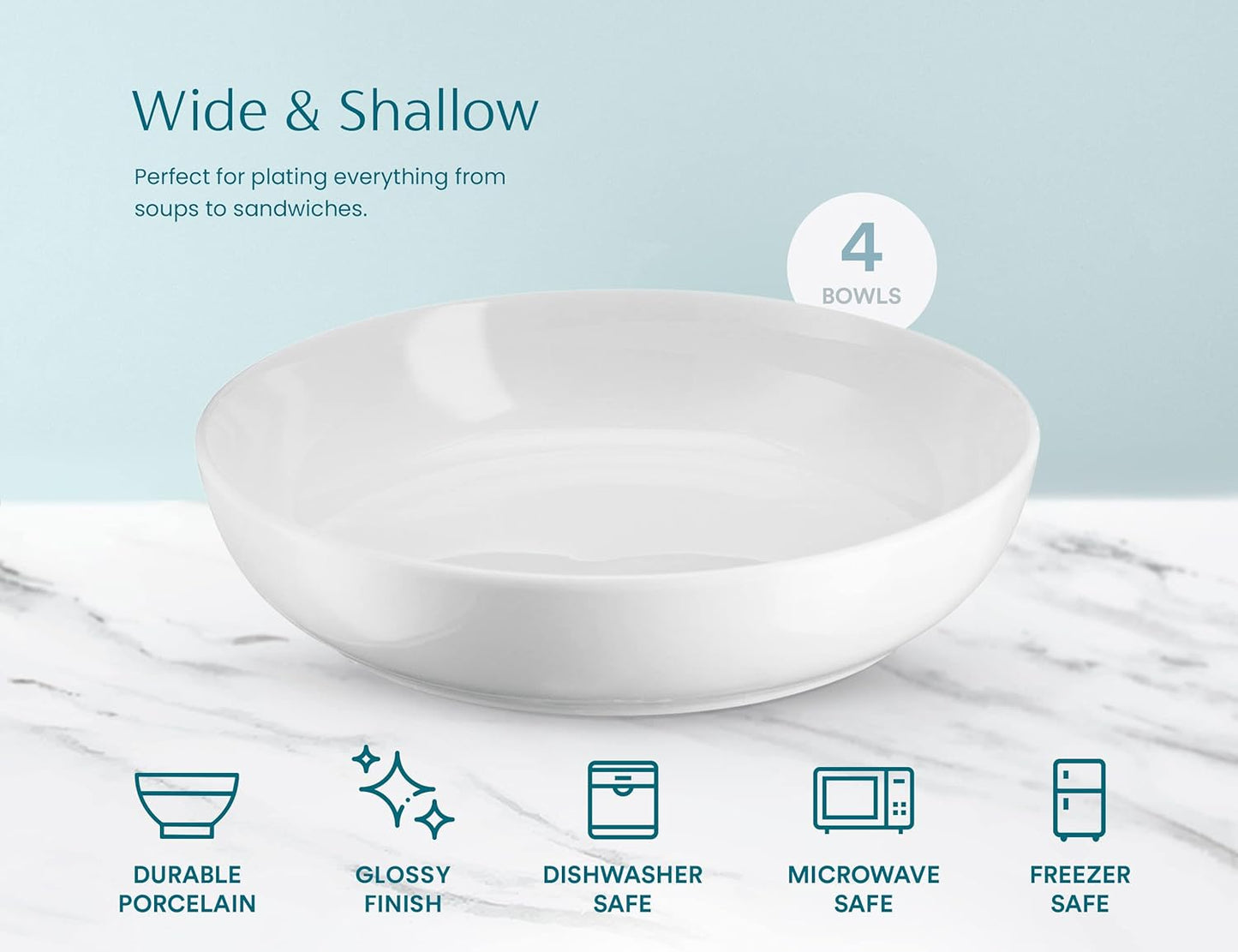KooK Ceramic Pasta Bowls - Large Capacity Serving Bowls | Microwave & Dishwasher Safe, Set of 4 (White)