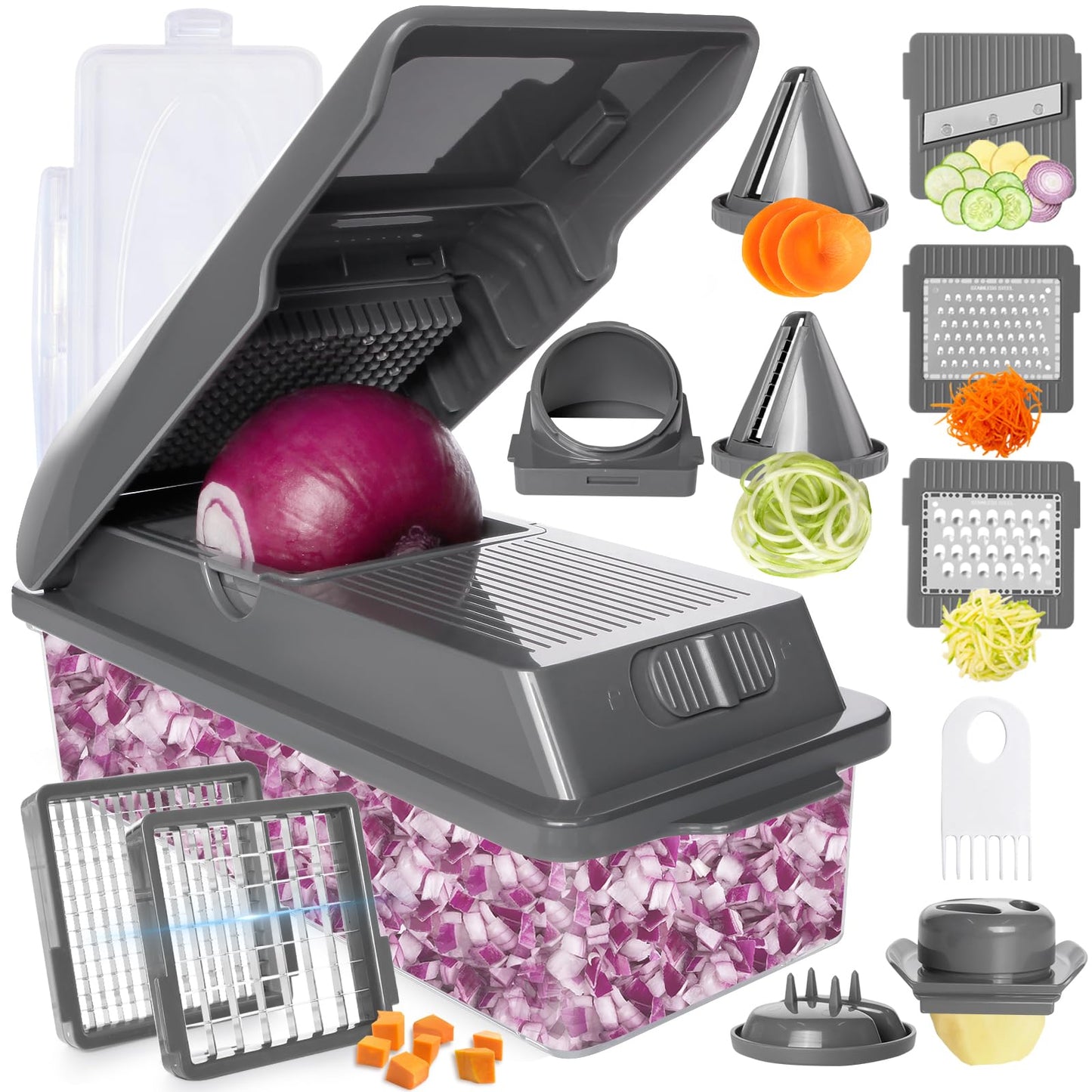 LHS Professional Multifunctional Vegetable Chopper Pro Food Chopper with Food Storage Containers, Mandoline Slicer Onion Dicer Fruit Cutter, Kitchen Gadgets and Home Essentials(7 in 1, Black)