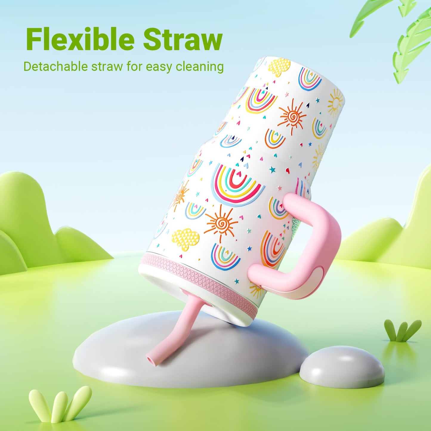 Luxgola Kids 20 oz Tumbler with Handle, Leak-Proof Screw-On Lid with Removable Silicone Straw, Spill Proof, Reusable Stainless Steel Insulated Water Bottle, Gifts for Boys and Girls, Rainbow