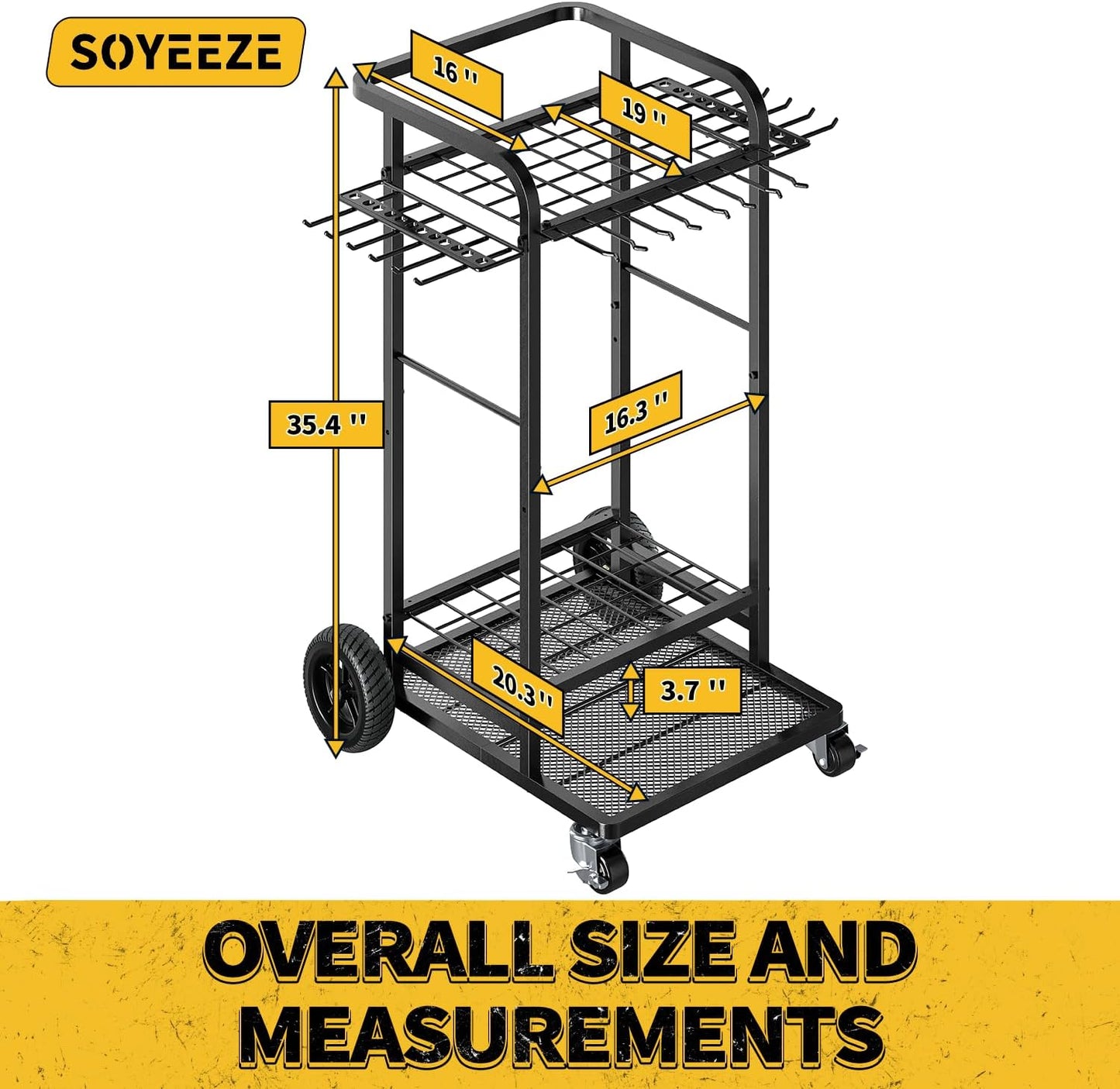 SOYEEZE Garden Tool Organizer - Heavy Duty 3-Tier Rack with Large Wheels | Holds 35 Long-Handled Tools