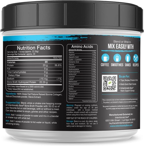 Intentionally Bare Bone Broth Protein Powder - Chocolate Flavor, Grass-Fed, Dairy-Free | 20 Servings with Multi Collagen Peptides