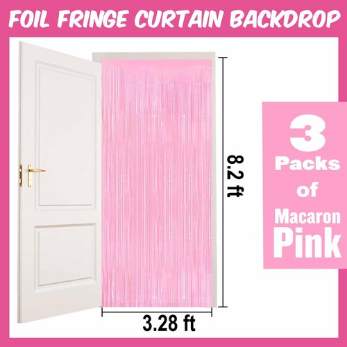 3 Pack Macaron Pink Foil Fringe Curtains Backdrop, 3.28 x 8.2 Ft Metallic Streamers Tinsel Curtains Background for Photo Booth, Birthday, Christmas, Halloween, New Year Party Decorations