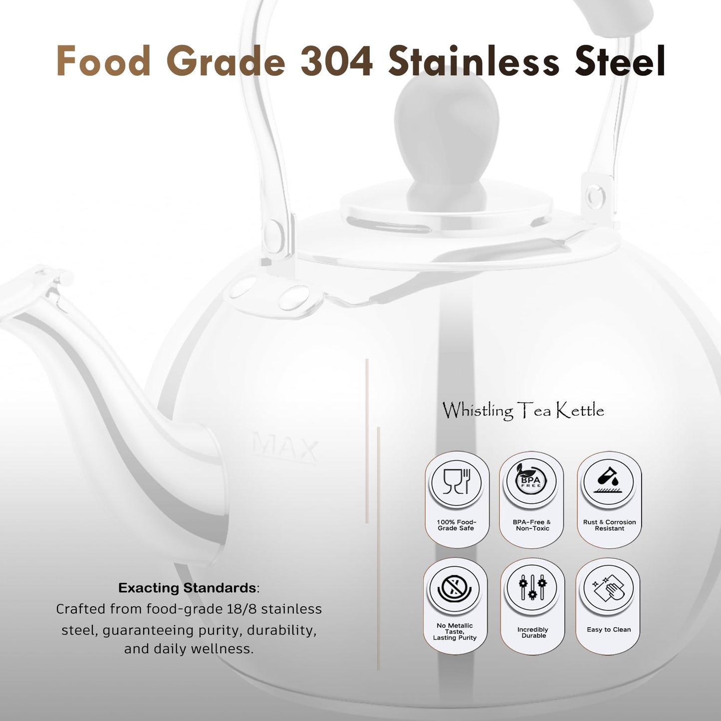 Stovetop Tea Kettle with Whistle - 2.0 Quart 18/8 Stainless Steel Tea Pot for Gas Stove & Electric Coil Stovetop, Food-Safe, Easy-Pour Spout, Mirror Polished Classic Water Kettle