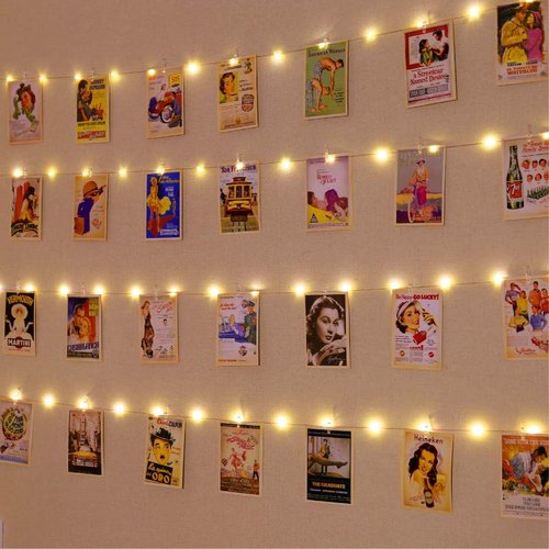 HXWEIYE Fairy Lights - 33Ft Warm White Photo Clips String Light with Timer & 8 Modes | 100 LEDs, 52 Clips, 12 Hooks