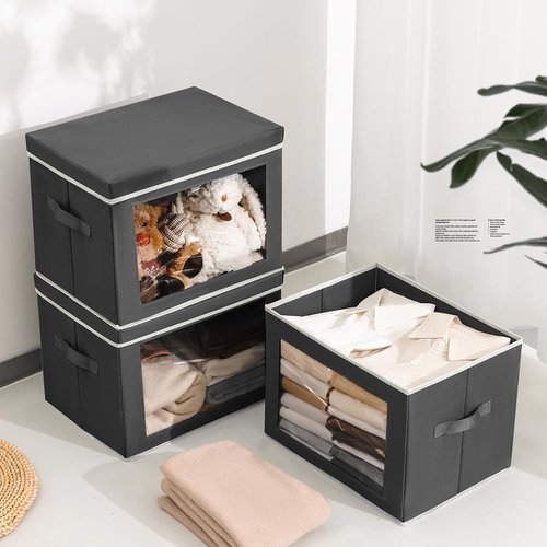 Homsorout Stackable Storage Bins - Large Foldable Closet Organizers with Lids, 4 Pack, Dark Grey