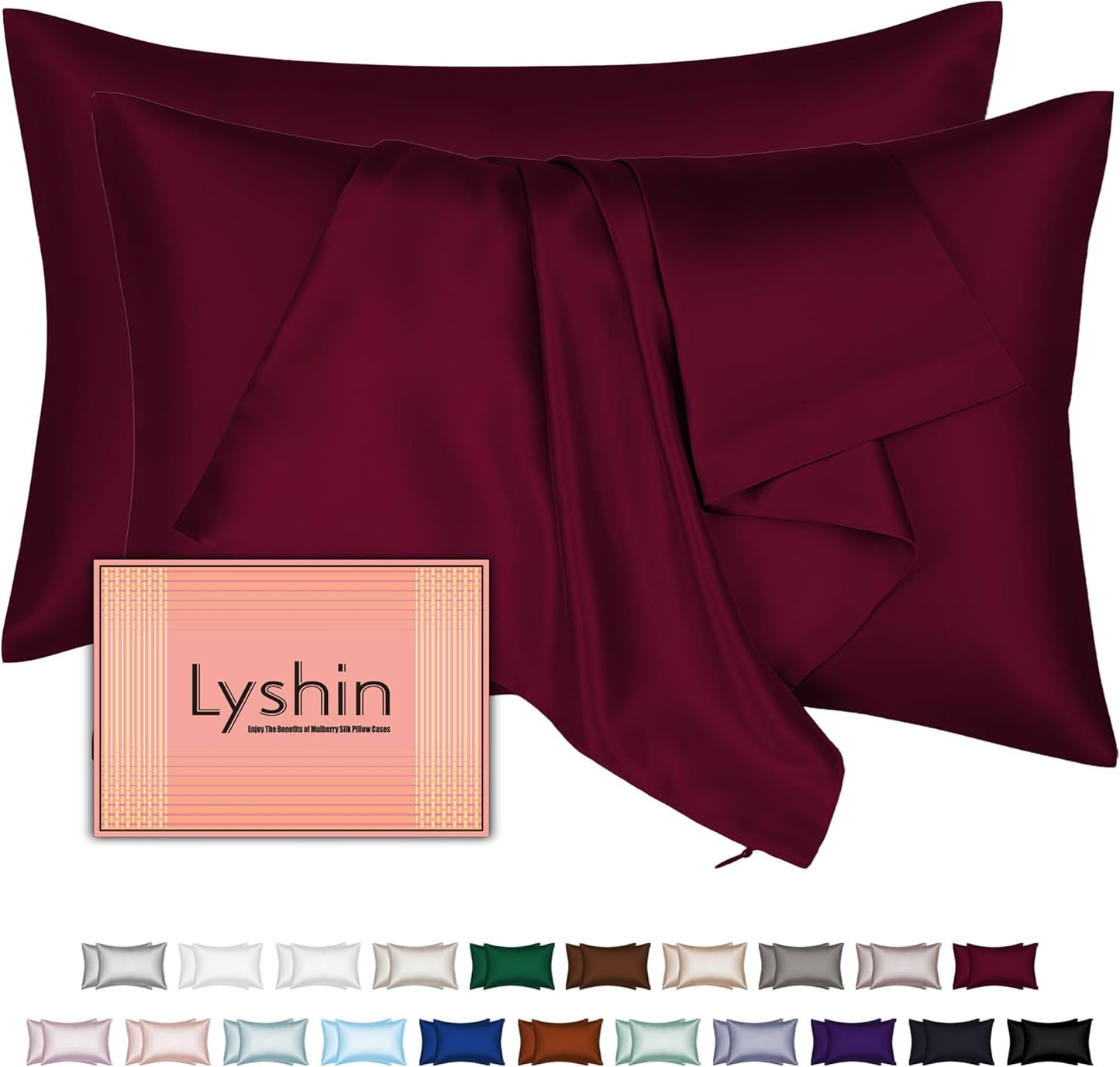Skiennix Mulberry Silk Pillowcase Set - 2 Standard Size Cases with Hidden Zipper | Smooth, Soft & Breathable in Burgundy Red