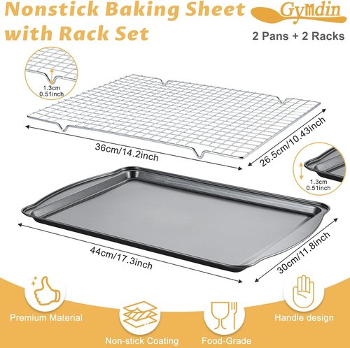 Carbon Steel Baking Sheet Set by [Brand Name] - Nonstick Cookie Sheets with Cooling Racks | 2 Sheets + 2 Racks, 17 x 11 x 0.5 Inches