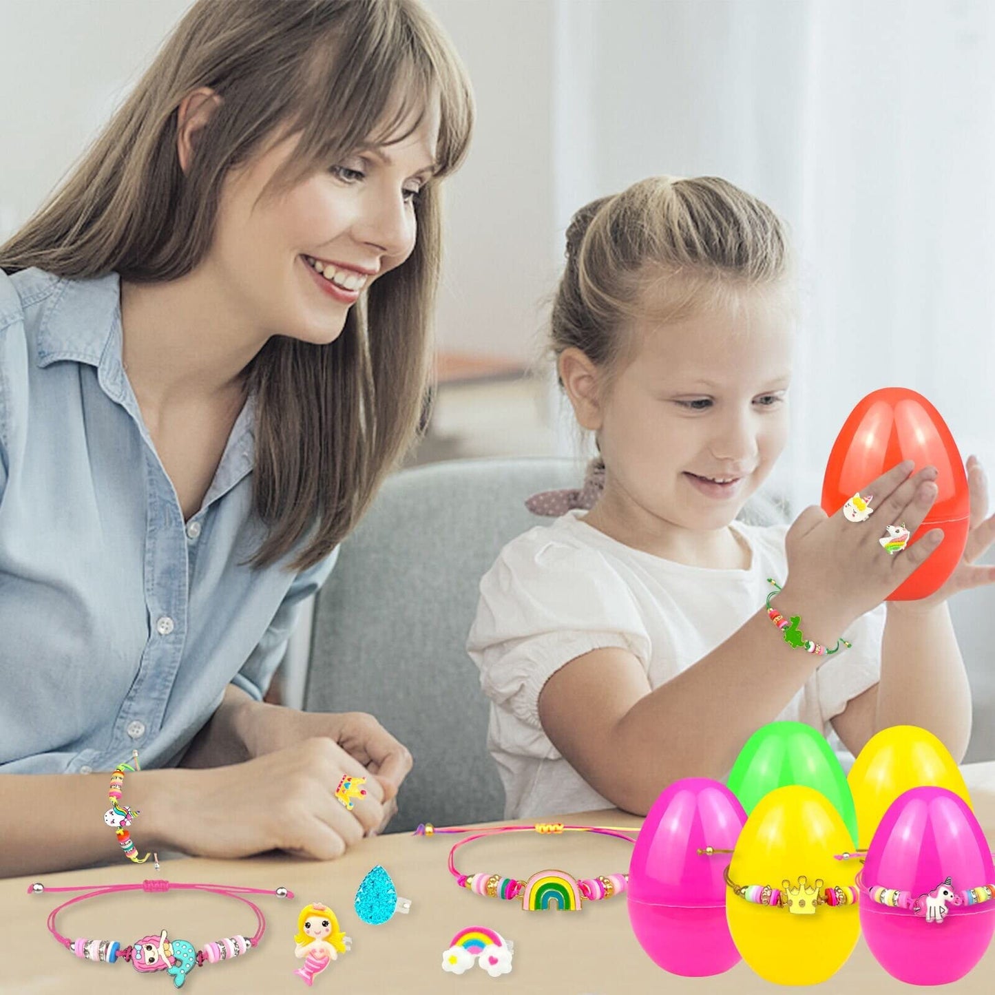 Easter Basket Stuffers for Girls Kids Prefilled Girls Easter Eggs Filled 6 Pack Eggs with Colorful Bracelet and Ring Inside Plastic Easter Eggs Stuffers Easter Toys for Kids Toddler Easter Gifts