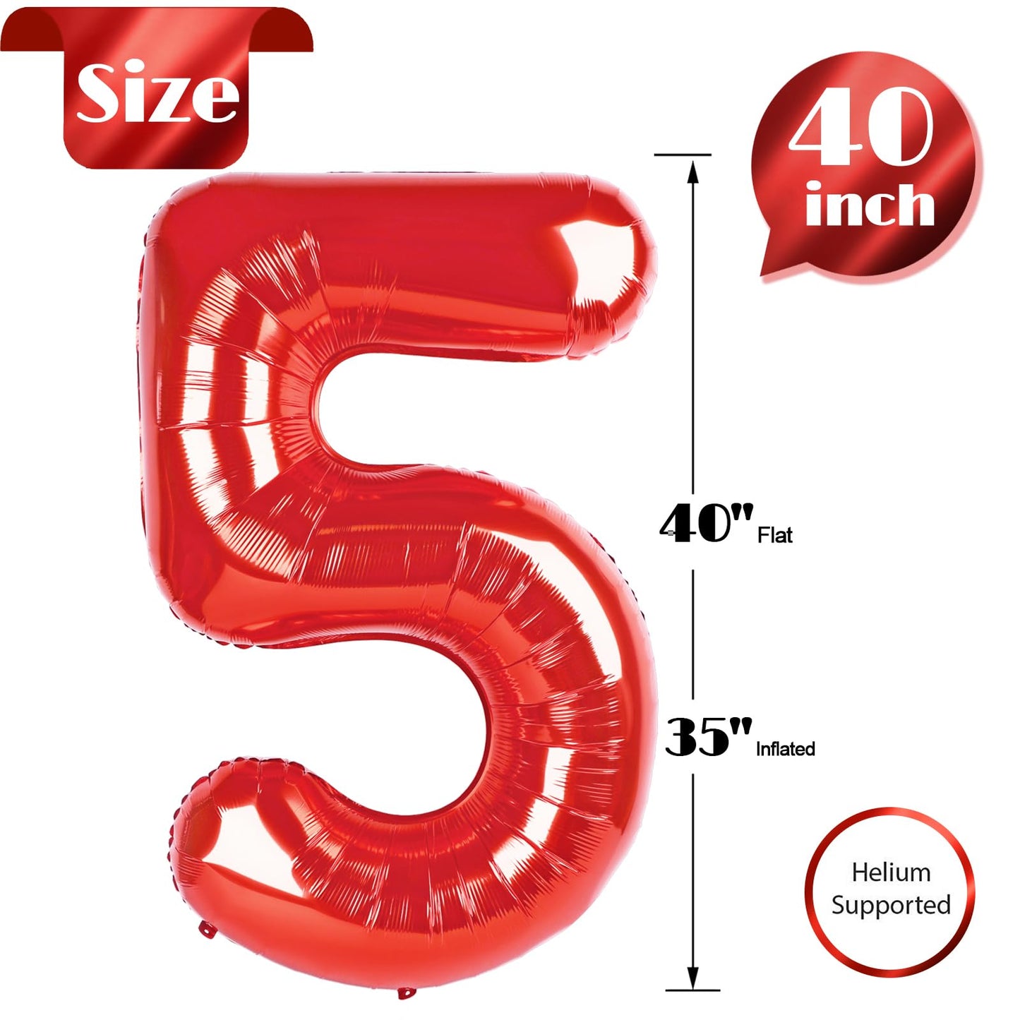Red 5 Balloon, Number Balloon 40 Inch for Red Party Supplies, 5th Birthday Balloon Decorations, 5 Number Balloons, Number 5 Balloon