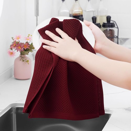 Homaxy 100% Cotton Waffle Weave Dish Towels - Ultra Soft & Absorbent, Quick Drying | 13 x 28 Inches, 6-Pack, Burgundy