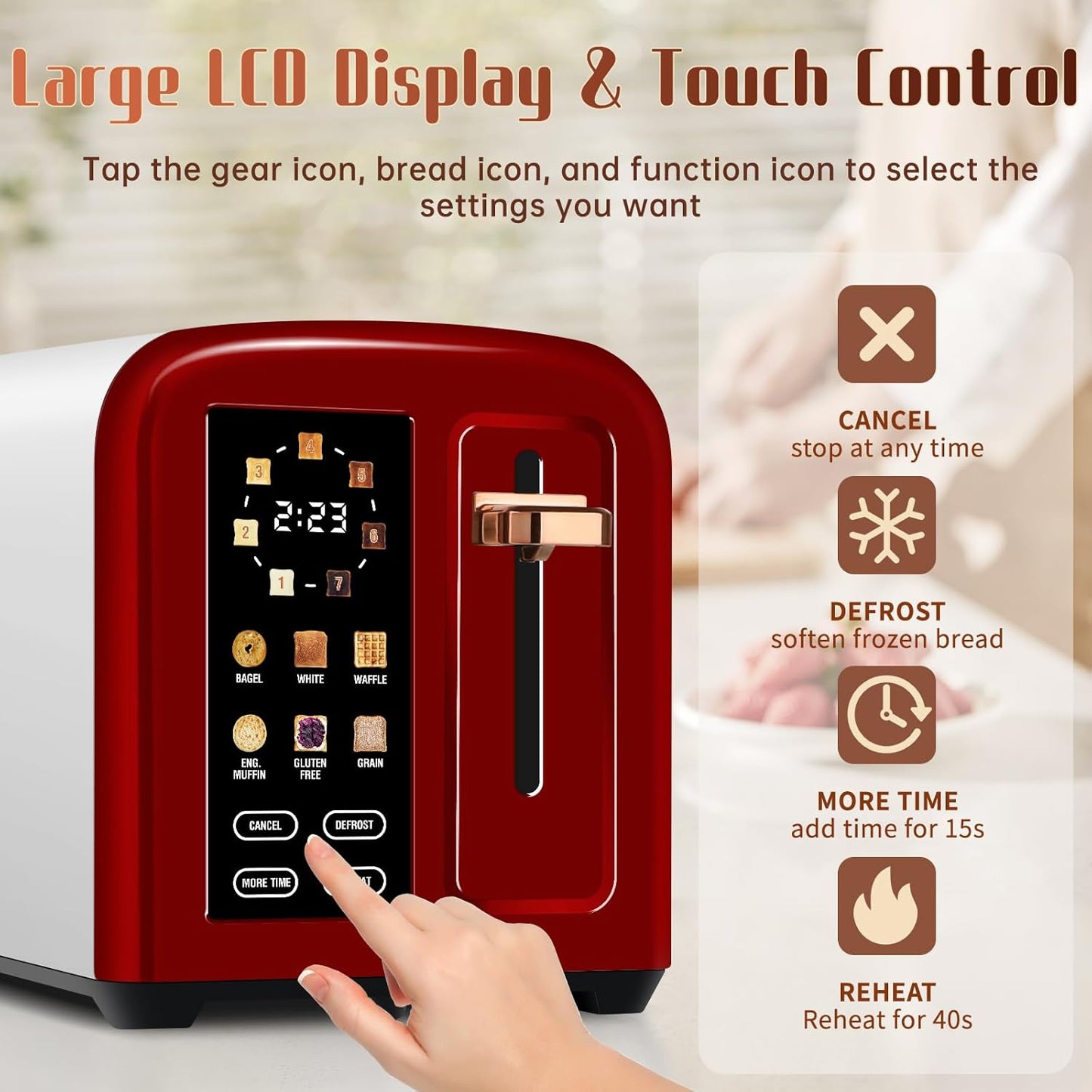 SEEDEEM 2-Slice Toaster - Touch Screen, Fast Heating, 7 Shade Settings, 1.5” Wide Slots, Dark Cherry