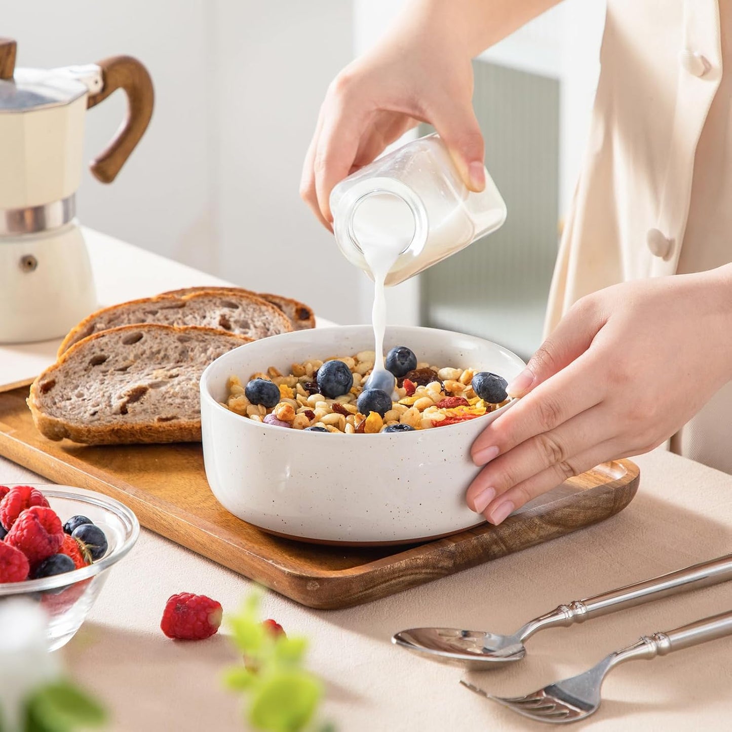 MALACASA Cereal Bowls Set of 6 - 24 OZ Ceramic Kitchen Bowls | Dishwasher & Microwave Safe, Khaki White
