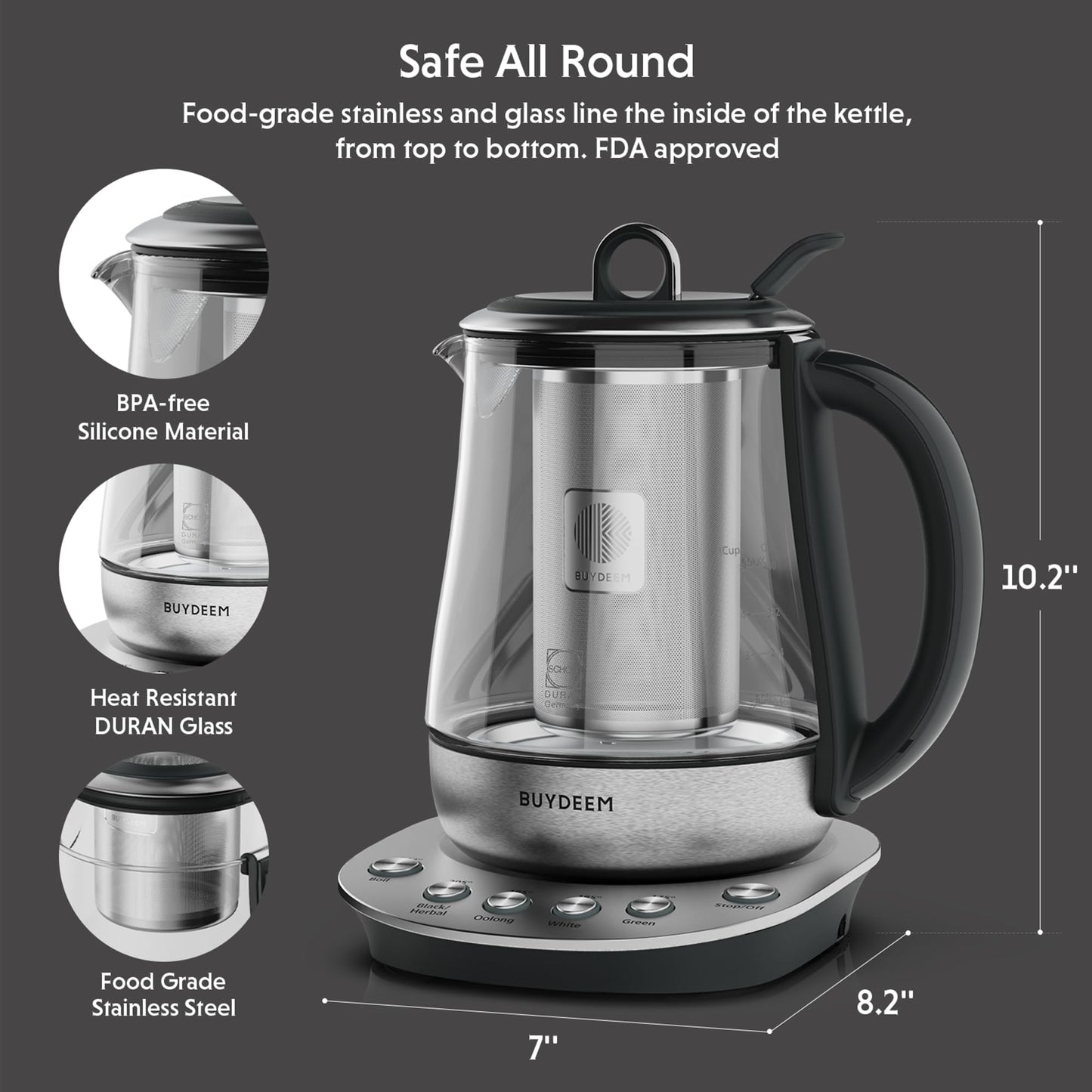 BUYDEEM K2423 Tea Maker, 316 Stainless Steel & Heat Resistant DURAN Glass Electric Kettle, 5 Temperature Settings, Removable Infuser, Auto Keep Warm, 1.2L