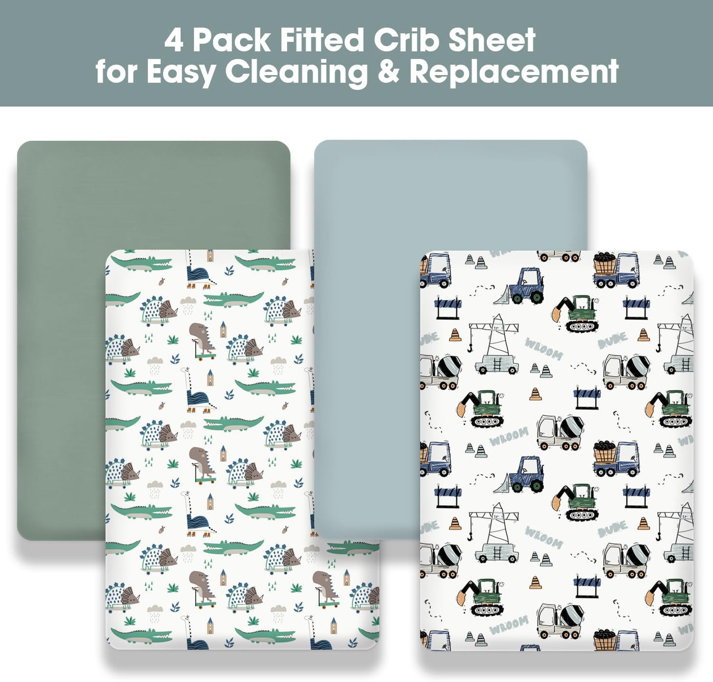 Little Grape Land Crib Sheets - 4 Pack of Super Soft Fitted Sheets for Boys & Girls | Truck & Alligator Designs