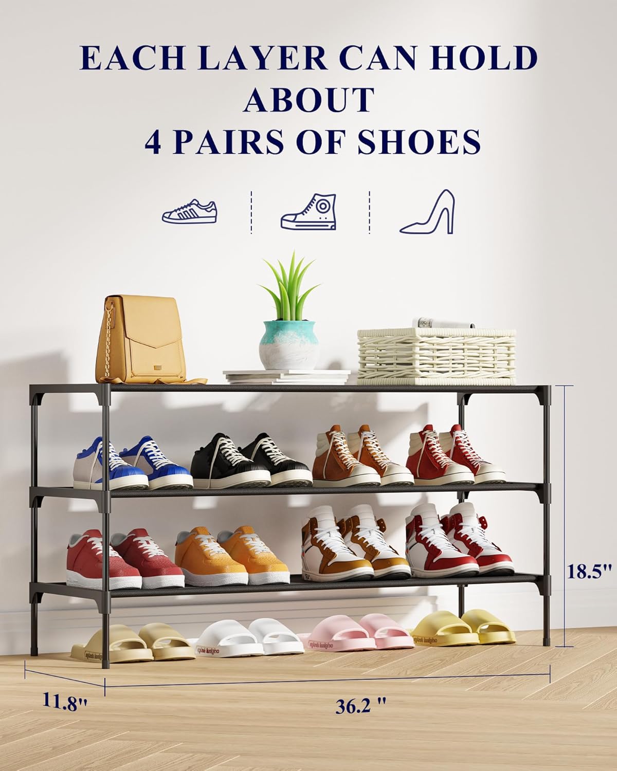 Kitsure Shoe Rack - Stackable Non-Woven Shoe Organizer for Closet & Entryway | 36.2" Wide - 3 Tier, Black