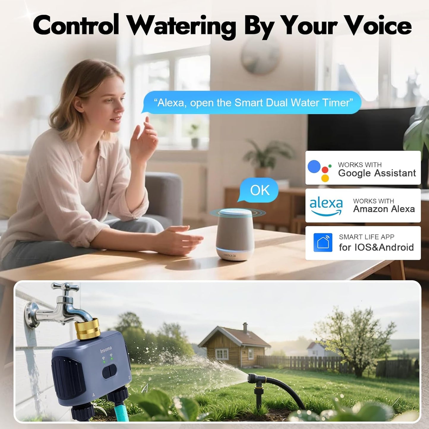 Skiennix WiFi Water Timer - 2 Zones Brass Inlet Sprinkler Timer with APP Control & Voice Activation
