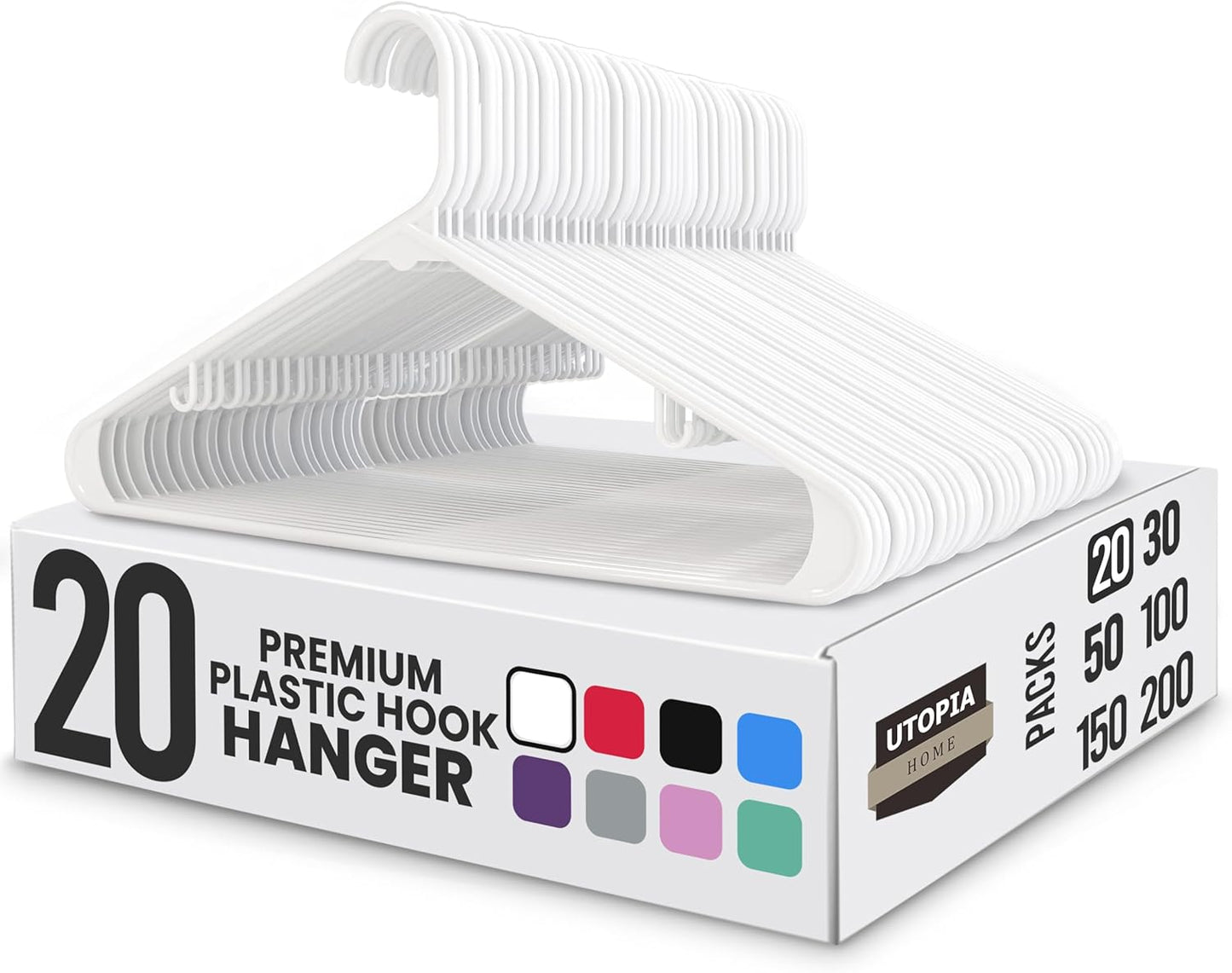 Utopia Home Plastic Hangers 20 Pack - Durable Space-Saving Closet Organizers - Ideal for Shirts, Pants & Coats (White)