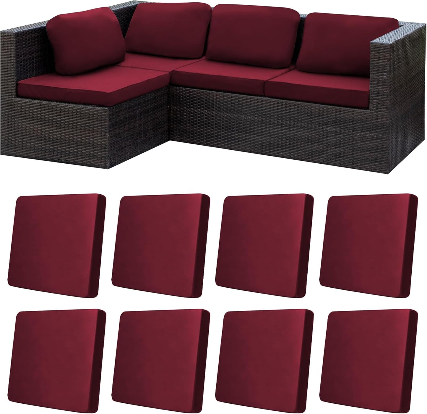 Skiennix 8-Piece Stretch Patio Cushion Covers - Washable Outdoor Sofa Slipcovers | Wine Red