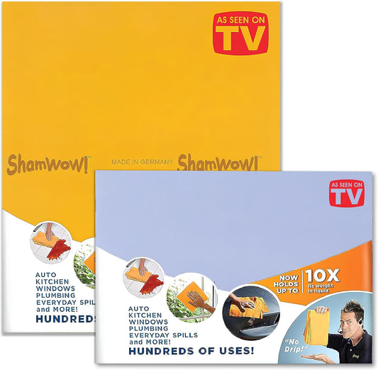 ShamWow Original Super Absorbent Multi-Purpose Cleaning Shammy Chamois Towel Cloth - Holds 10X its Weight in Liquid - Machine Washable - Will Not Scratch (2 Pack: 1 Large Orange & 1 Small Blue).