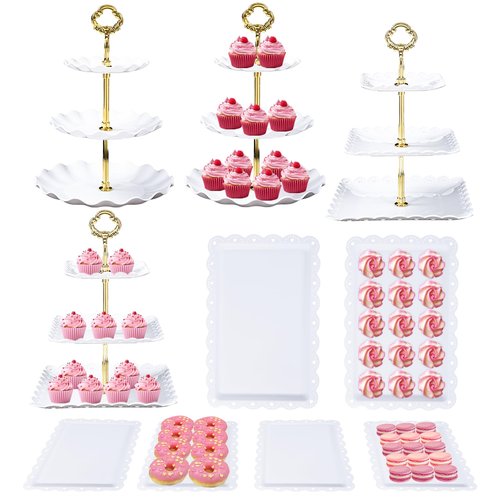 Frigg Dessert Table Display Set,10Pcs Cake Stand,4 Pcs 3 tiered Cupcake Stands and 6 Pcs Dessert Trays serving trays for Party Baby Shower Wedding Tea Party Decorations