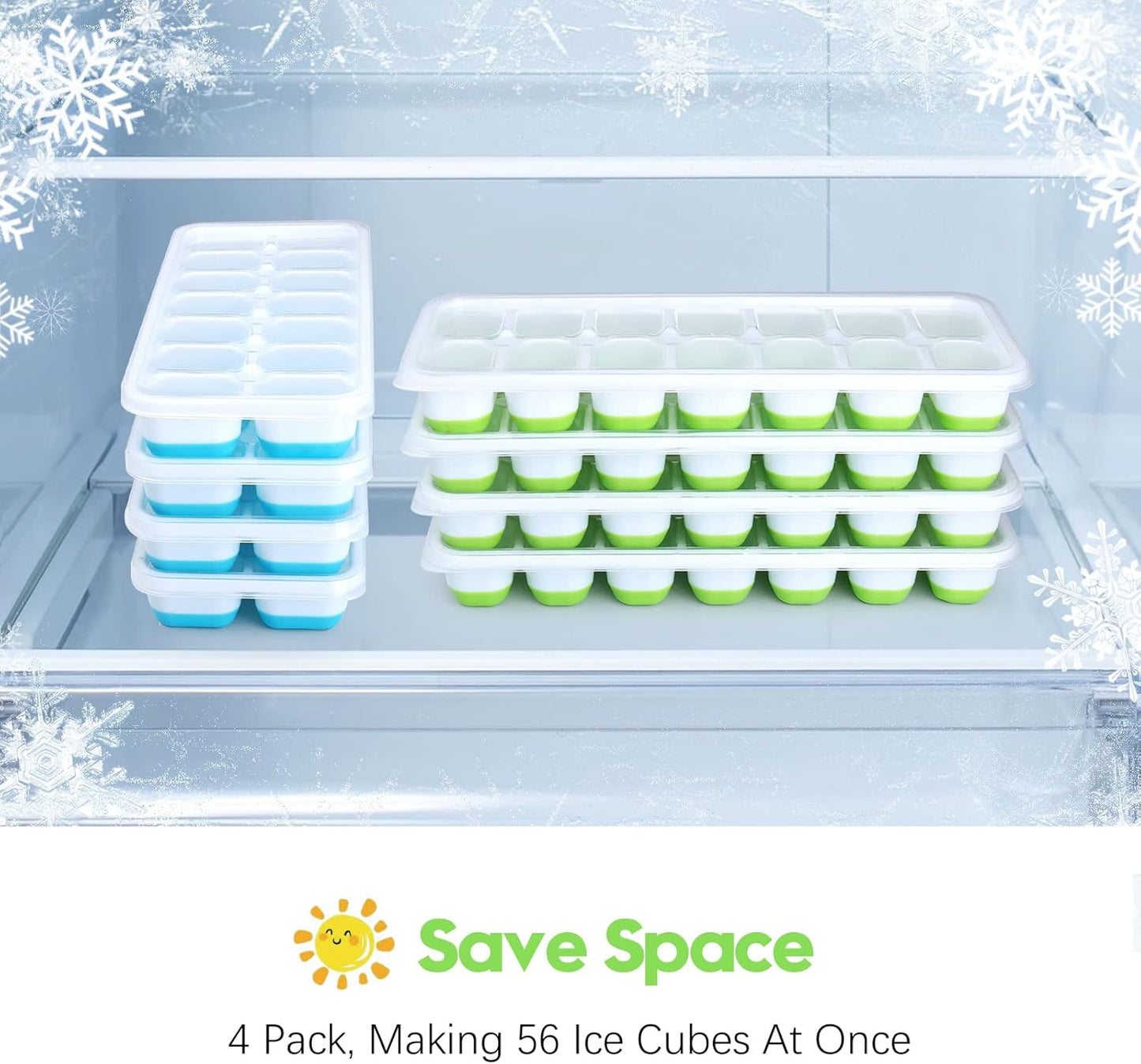 Silicone Ice Cube Tray - 8 Pack Easy-Release Flexible Trays with Spill-Resistant Lid | Stackable Freezer Ice Trays (4 Blue + 4 Green)