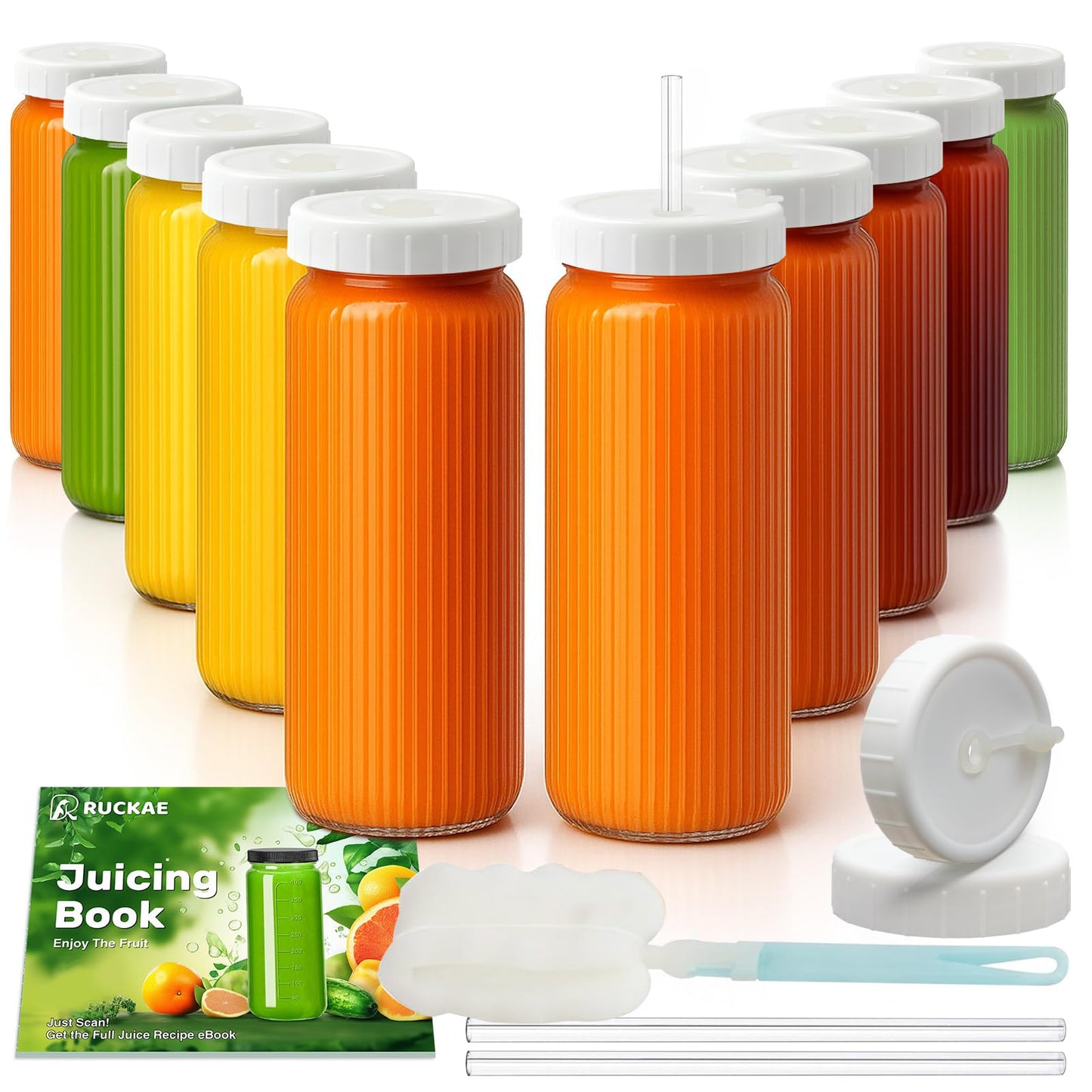 Ruckae 16oz Juice Bottles,Ribbed Glass Juicing Bottles with Lids,Smoothie Cup Lids and Straws,Water Bottle Mason Jar Drinking Glasses for Juicing,Smoothies,Kombucha (Clear-10 pack)