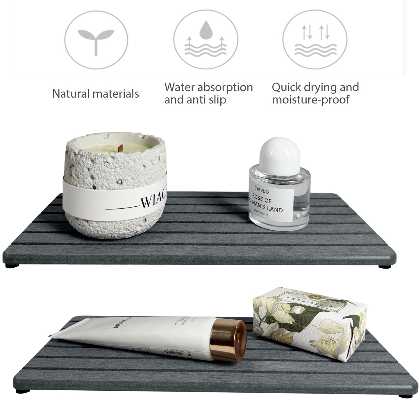 NiuYichee 2 PCS Water Absorbent diatomite Coasters, 12" x 5.5" Water Absorbing Stone Tray for Sink, Stone Drying mat for Kitchen Counter, Stone soap Tray Used for Hand Soaps & toiletries & Plants