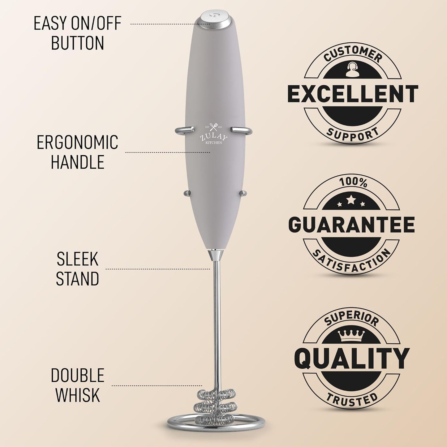 Zulay Kitchen Tornado Triple Whisk Milk Frother - Handheld Foam Maker for Coffee & Lattes | Steel Gray, 4 Batteries Included