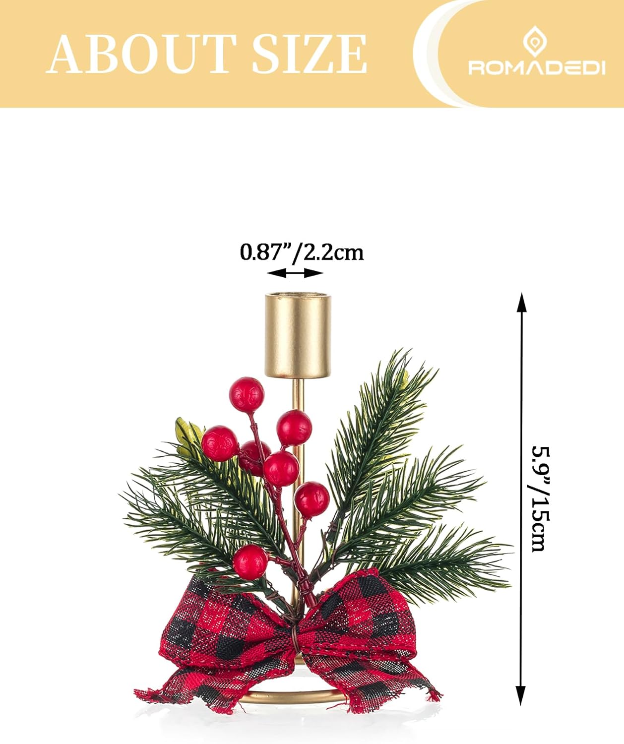 Romadedi Candle Holders - Gold Taper Candlestick Holders with Red Berry Decoration | Set of 2 for Festive Christmas Decor