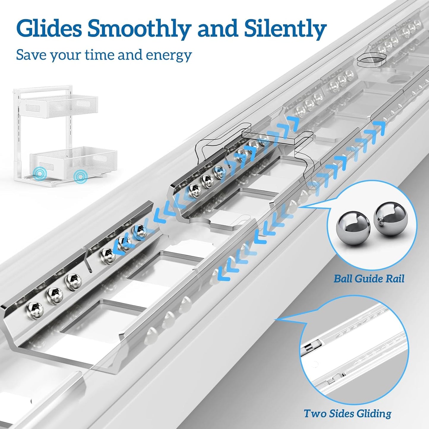 Skiennix Kitchen & Bathroom Organizer - Upgraded Guide Rail Design for Smooth Pull-Out | XL White Cabinet Storage