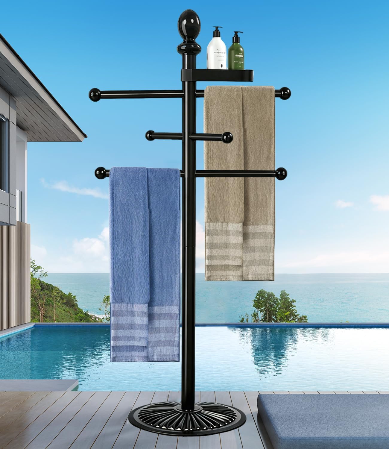 Skiennix Heavy-Duty Pool Towel Rack - 6 Bars with Top Tray | Durable Metal Stand for Hot Tubs & Pools