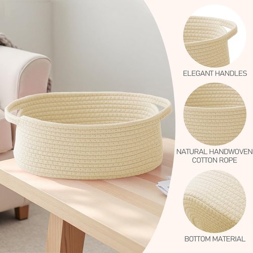 JMvicyroam Woven Basket - Small Rope Storage Bin with Handles | Beige 2-Pack for Organizing Shelves & Closets