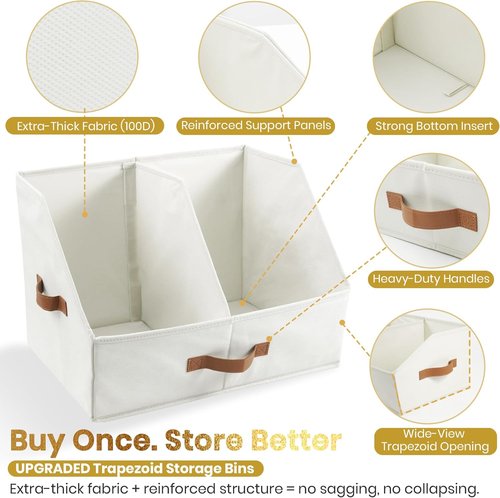 **UPGRADED HEIGHT Trapezoid Storage Bins by Closet Organizers - Collapsible Fabric Bins with Handles & Adjustable Dividers (6pcs, Medium, Ivory)**