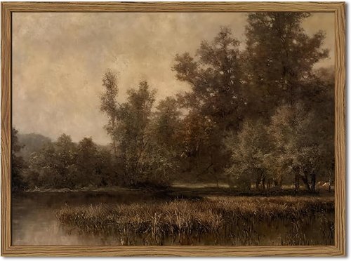 Framed Vintage Landscape Canvas Wall Art - Rustic Forest Lake Decor for Living Room | 16x24 Inch