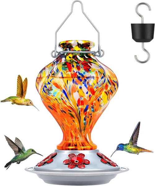 BOLITE Glass Hummingbird Feeder - Hand Blown Twisted Design with Ant Moat & 5 Feeding Ports | 24 Ounces, Orange