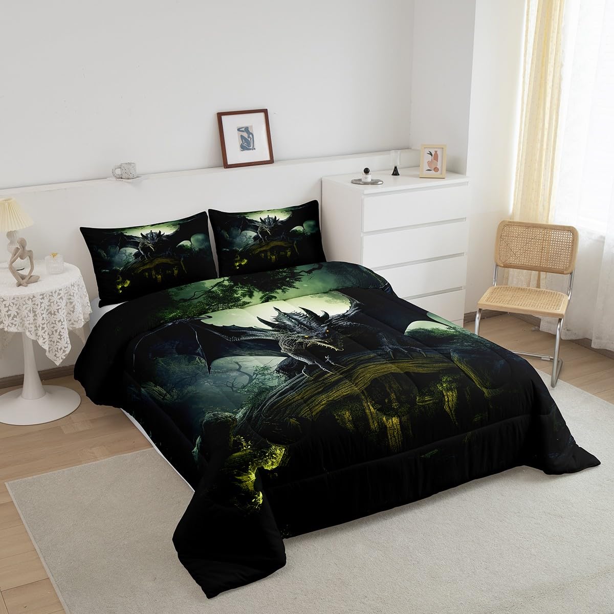 Erosebridal Flying Dragon Bedding Print for Boys Girls Room Decor - Dragon Bedding King, Exotic Dragon Comforter Set Tropical Rainforest Quilt Soft Microfiber Duvet Insert with 2 Pillow Cases