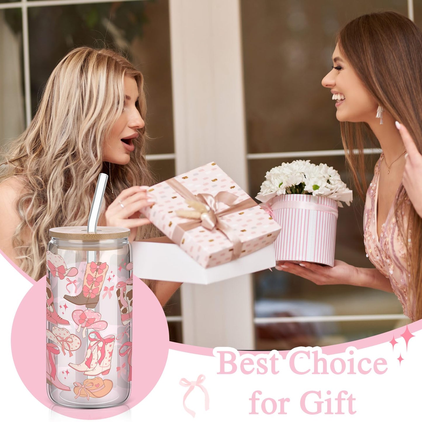 Yetene Coquette Bow Aesthetic Cup 16oz Cowgirl Glass Cup with Lid and Straw Pink Bow Tumbler Cowgirl Gifts for Women Girls Friend Sister Girlfriend