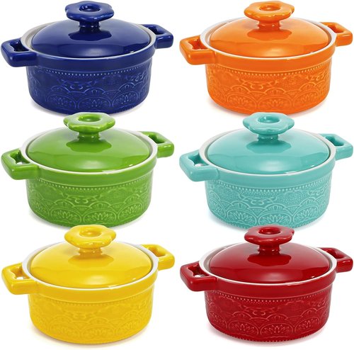 Hacaroa Mini Cocotte Set - 8 Oz Ceramic Ramekins with Lids & Handles | Individual Baking Dishes in 6 Colors