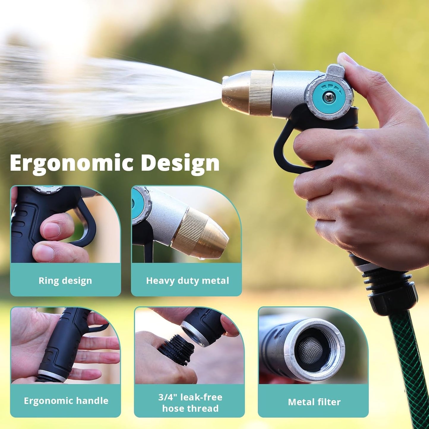 QUOBAS Heavy Duty Metal Garden Hose Nozzle - High Pressure 3 Patterns with Thumb Control | Ideal for Car Wash & Patio Cleaning